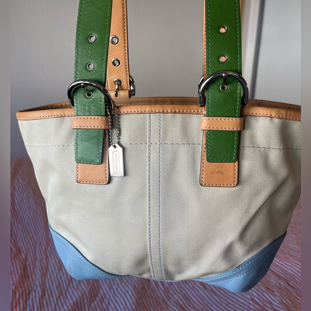 Early 2000’s Daisy Coach Hampton tote/shoulder bag, green & blue leather